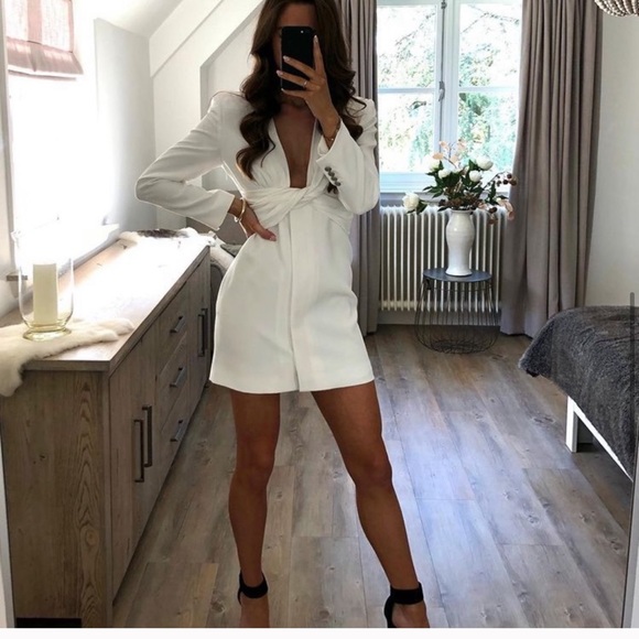 ZARA V NECK WHITE DRAPED BLAZER DRESS - Picture 8 of 10